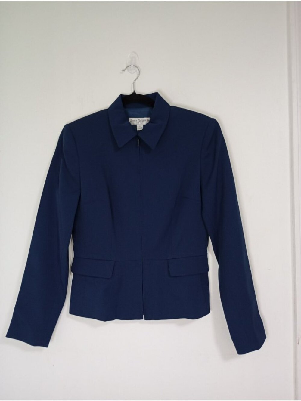 Lena Gabrielle Womens Navy Blue Structured Blazer Sz 4 Front Zip Closure Office